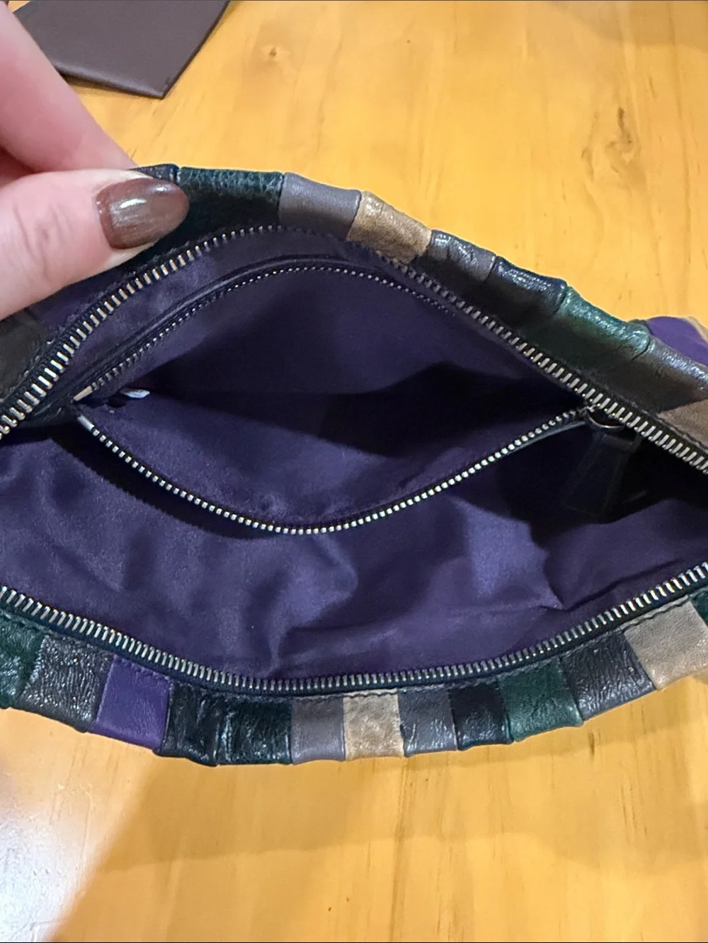 Miu Miu Patchwork Leather Wristlet in Green, Purple, Tan, Black & Gray